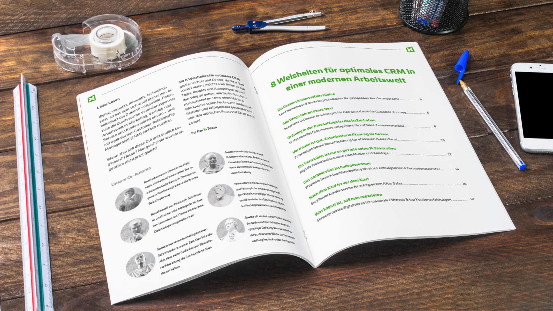 MockUp-E-Book_8 CRM Weisheiten_aufgeschlagen E-Book itmX: 8 Weisheiten für optimales CRM in einer modernen Arbeitswelt; Zeitschrift aufgeschlagen