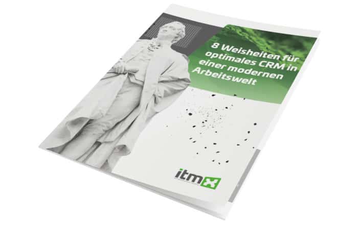 E-Book itmX: 8 wisdoms for optimal CRM in a modern working world; magazine aufgeschlagen