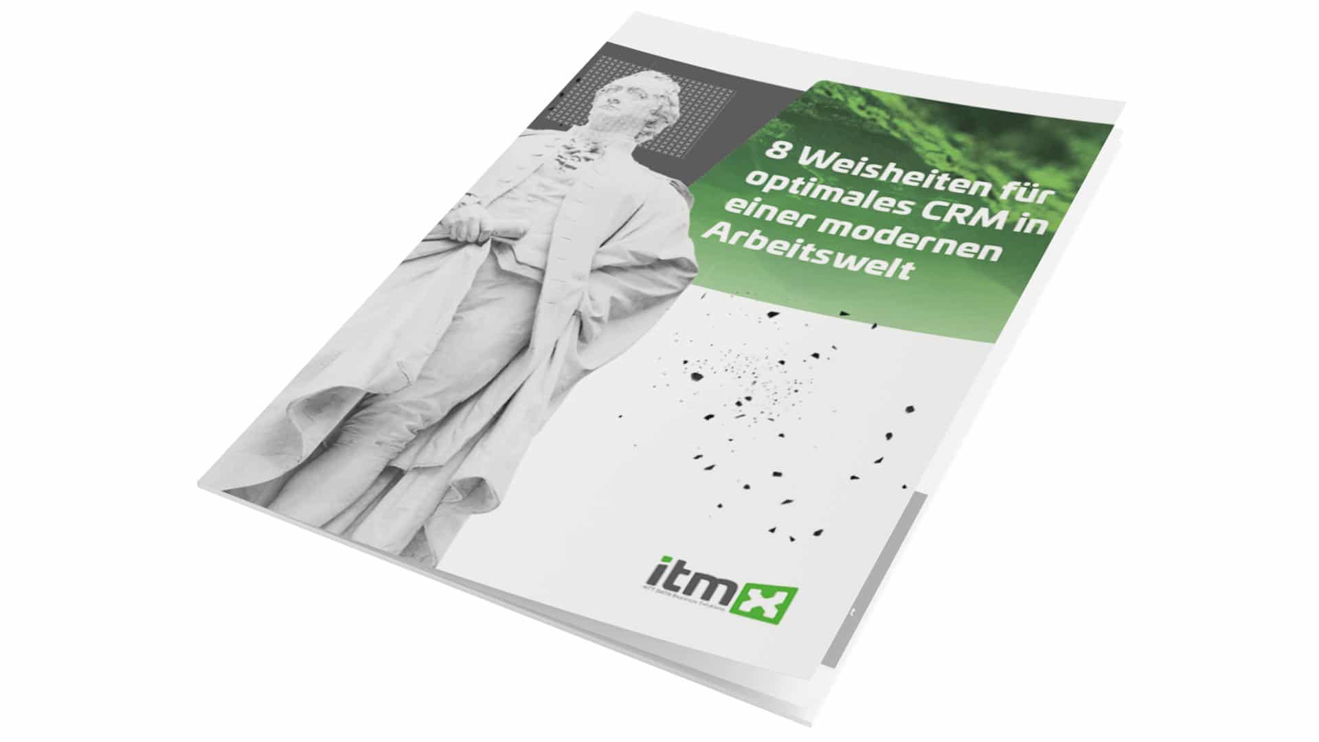 E-Book itmX: 8 wisdoms for optimal CRM in a modern working world; magazine aufgeschlagen