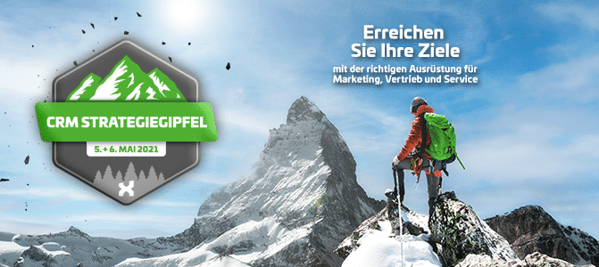 CRM Strategiegipfel am 5. und 6. Mai 2021; itmX; Berge mit Wanderer; Erreichen Sie Ihre Ziele mit der richtigen Ausrüstung für Marketing, Vertrieb und Service