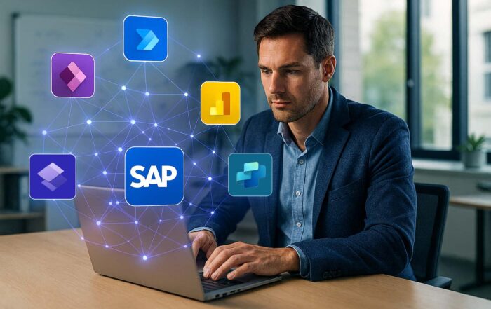 Mitarbeitende arbeiten an einem Laptop in moderner Büroumgebung, umgeben von vernetzten Icons der Microsoft Power Platform und SAP – Symbol für digitale Integration und Prozessautomatisierung.